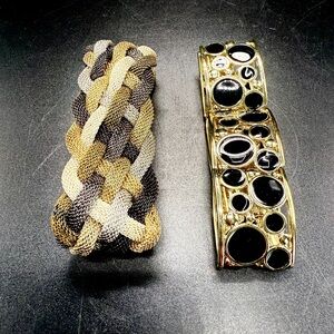 2 VTG Black & Gold Bracelets, MCM Wide Weaved Braided and Gold Beaded. One Size